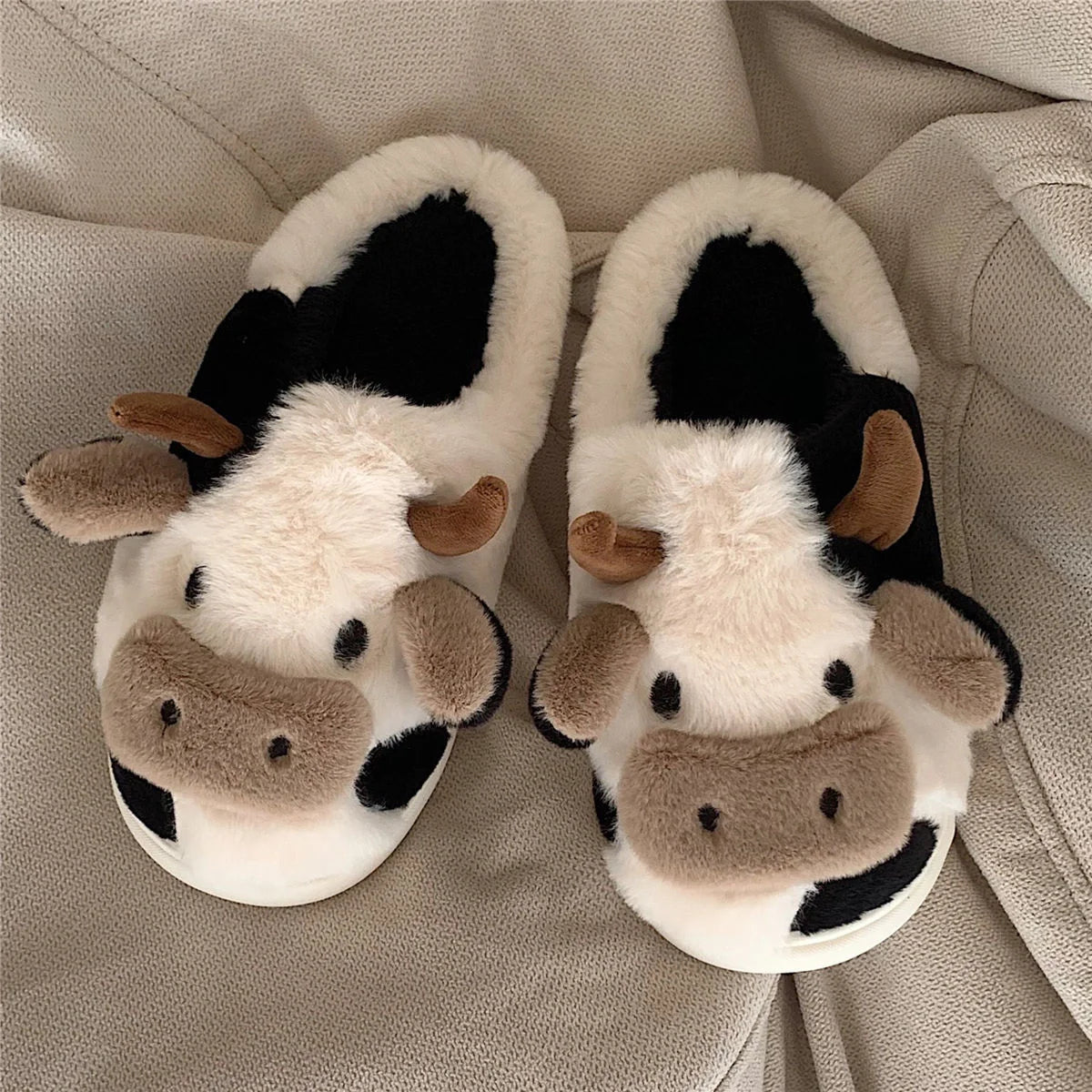 Women's Kawaii Cow Slippers with non-slip sole and plush lining in white and coffee colors
