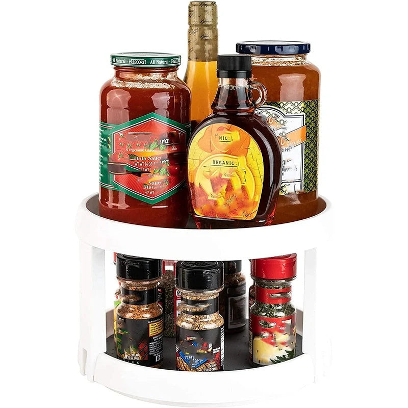 Two-tier rotary kitchen spice organiser in grey and white