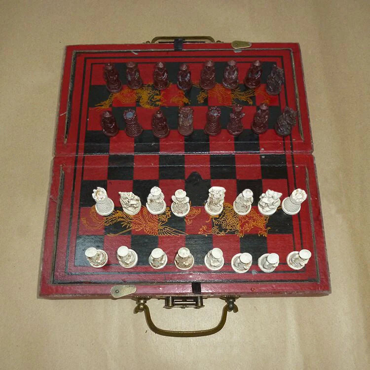Handcrafted antique terracotta chess set with folding wooden board