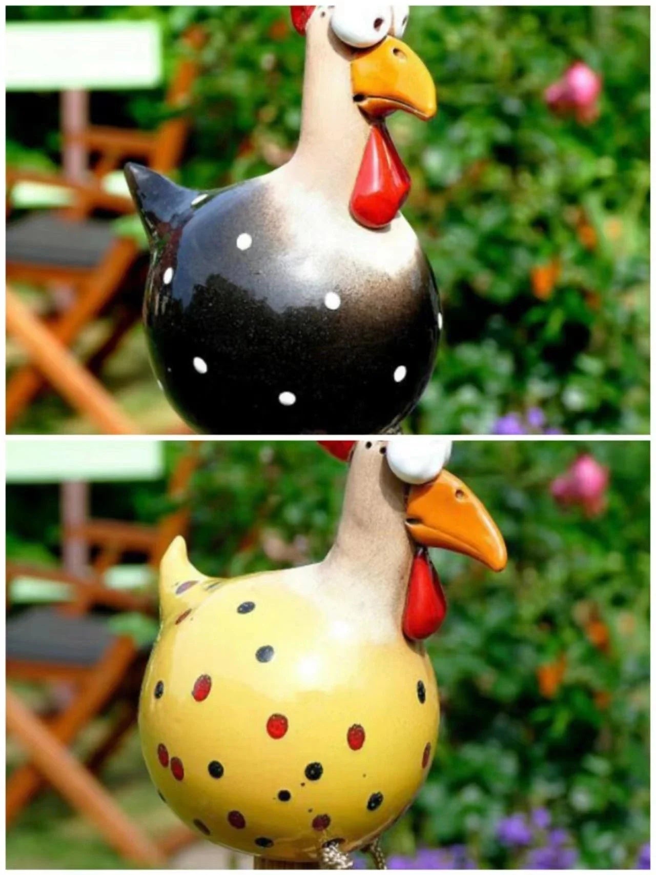 Charming resin chicken ornaments in various colours and set sizes, perfect for adding whimsical British-inspired decor to gardens and outdoor spaces.