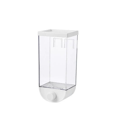 Convenient kitchen food storage container with transparent design, wall-mounted for space-saving storage of cereals, snacks, and other dry goods