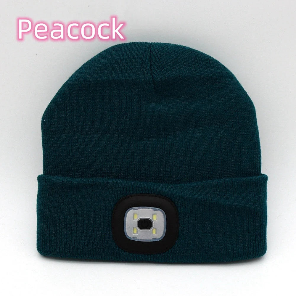 LED Knit Hat with built-in light for night visibility, made from 100% wool