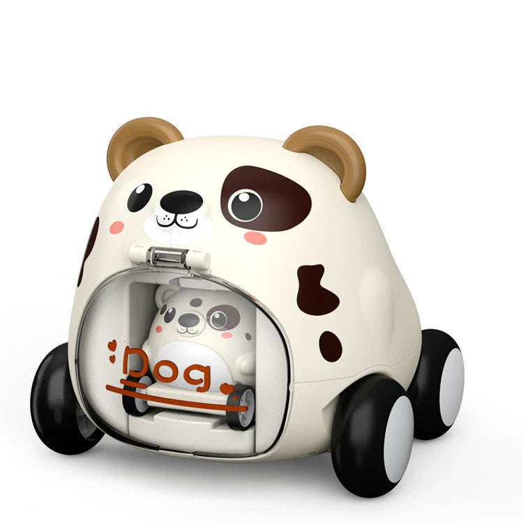 Dinosaur and animal themed push and slide toy car for kids, encouraging active play and imagination.