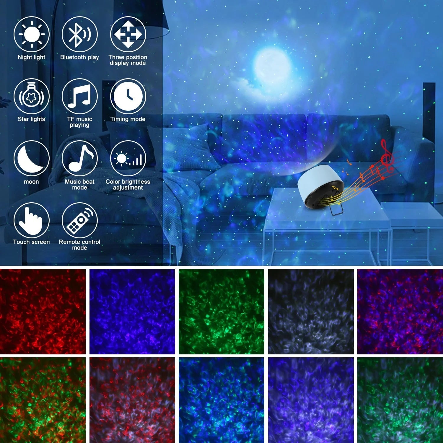 Starry Sky Water Pattern Projection Light displaying vibrant celestial patterns on a wall