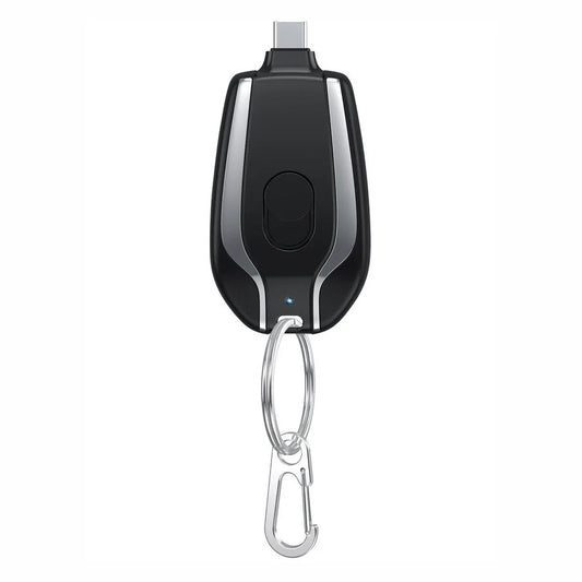 A compact, 1500mAh portable power bank with a keychain design, featuring a waterproof and durable construction for on-the-go charging of smartphones, tablets, and other USB-powered devices.