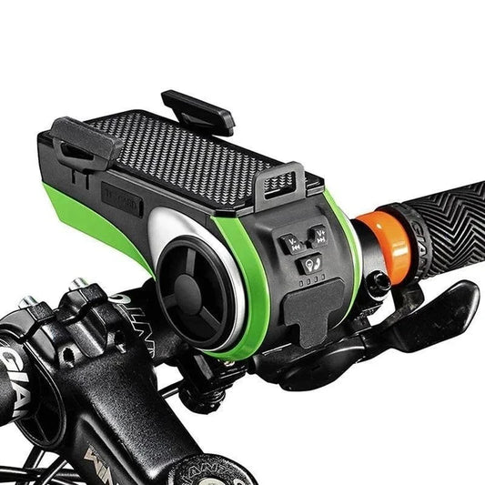 Versatile bicycle accessory with Bluetooth audio, LED lighting, power bank, phone holder, and ring bell
