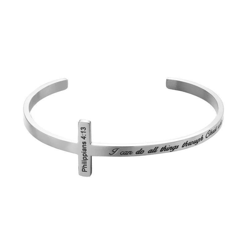 Titanium steel bracelet with scripture cross lettering in silver