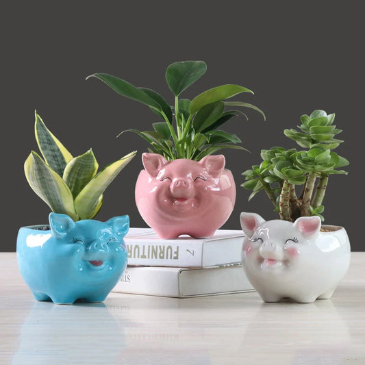 Hand-painted Nordic cartoon animal ceramic succulent pot in various colours and sizes