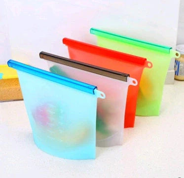 Premium silicone food storage bags in various colours, featuring airtight seals and reusable designs