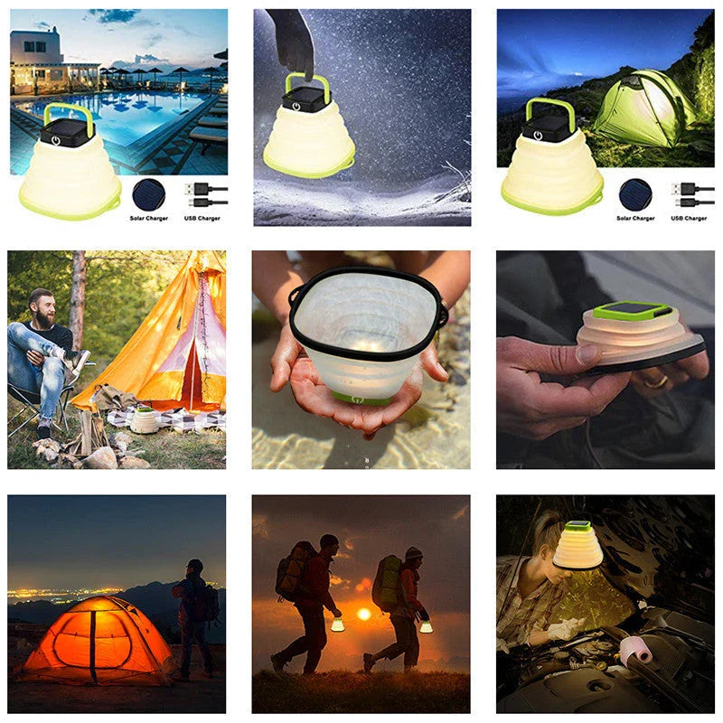 Collapsible camping lantern with solar charging, three brightness levels, and water-resistant design