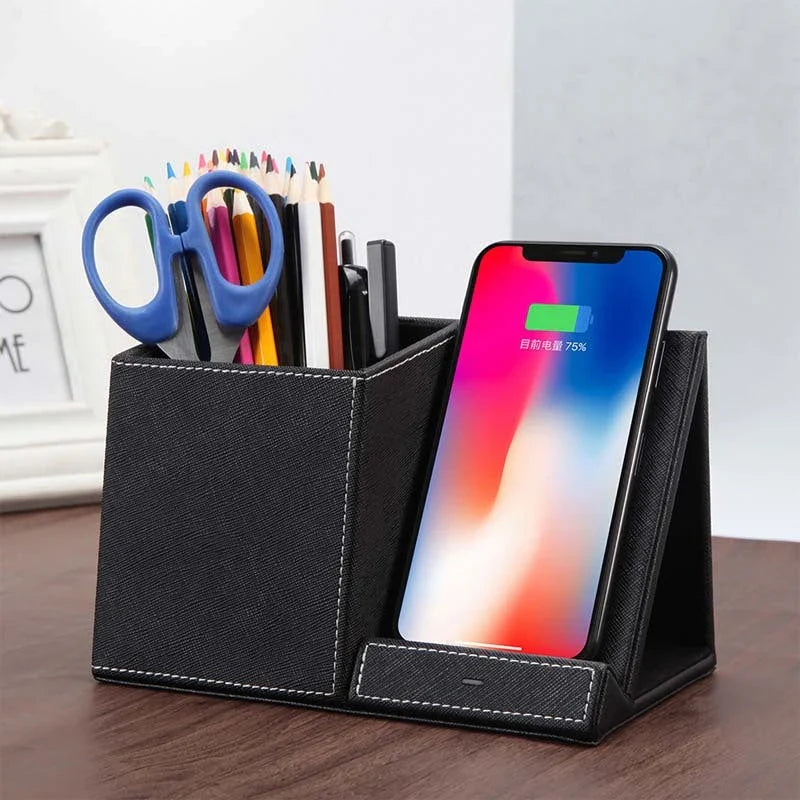 Premium Leather Wireless Charging Station with Pen Holder - Sleek and Versatile Desk Accessory