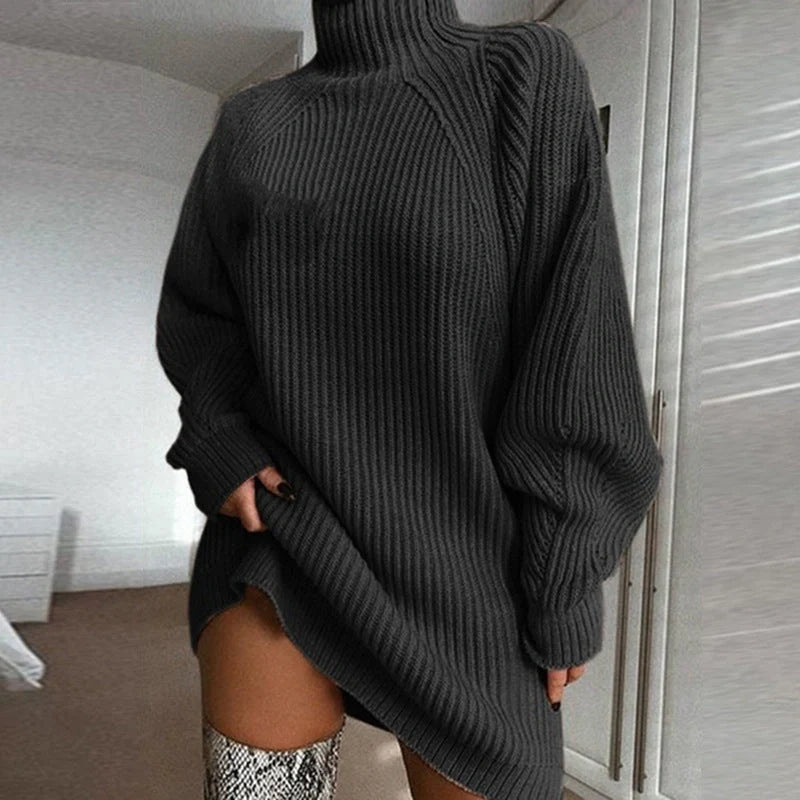 Women's winter turtleneck long sweater dress in imitation cotton, available in multiple colours