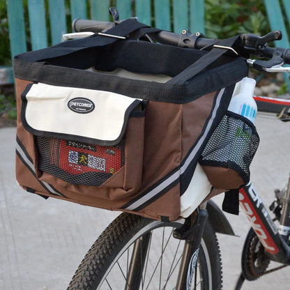 Pet bicycle carrier with removable basket for small cats and dogs, available in black, brown, blue, and red