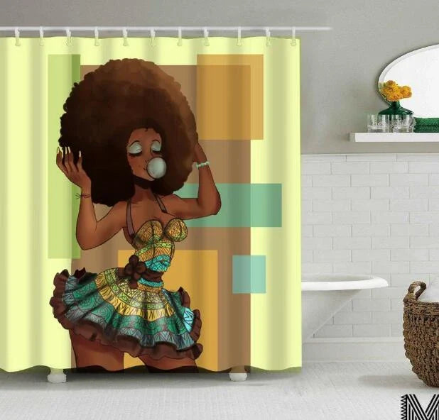 Vibrant African-inspired shower curtain with portrait of a beautiful African girl wearing earrings and bold hairstyle