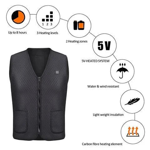 Versatile outdoor electric heated vest with adjustable heating, water-resistant design, and convenient features for activities like skiing, fishing, and more.