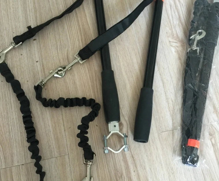 Bicycle walking dog leash with stainless steel rod and rubber band, black color, 45cm by 78cm