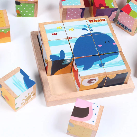 Colourful wooden 3D jigsaw puzzle with various patterns including fruit, insects, traffic, and animals