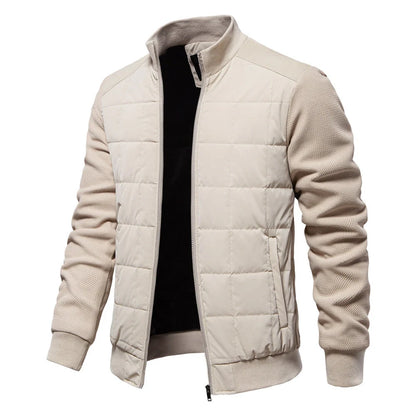 Stylish men's winter jacket with unique stitching design, stand collar, and variety of classic colours