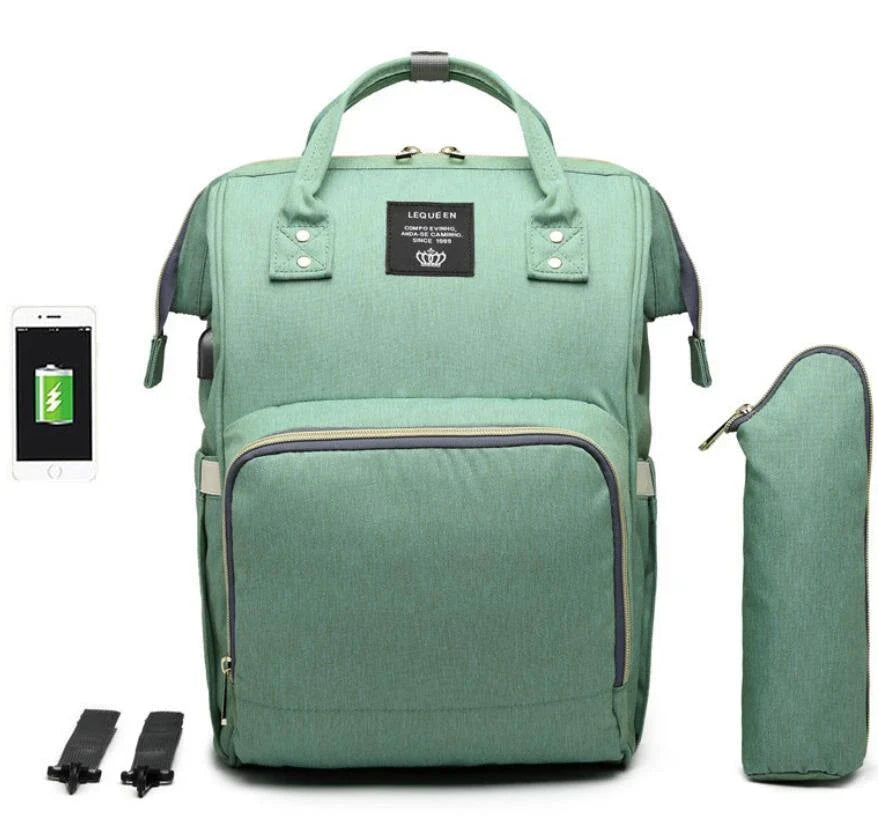 Premium mummy backpack in a range of stylish colours, featuring dedicated compartments for bottles, nappies and personal items.