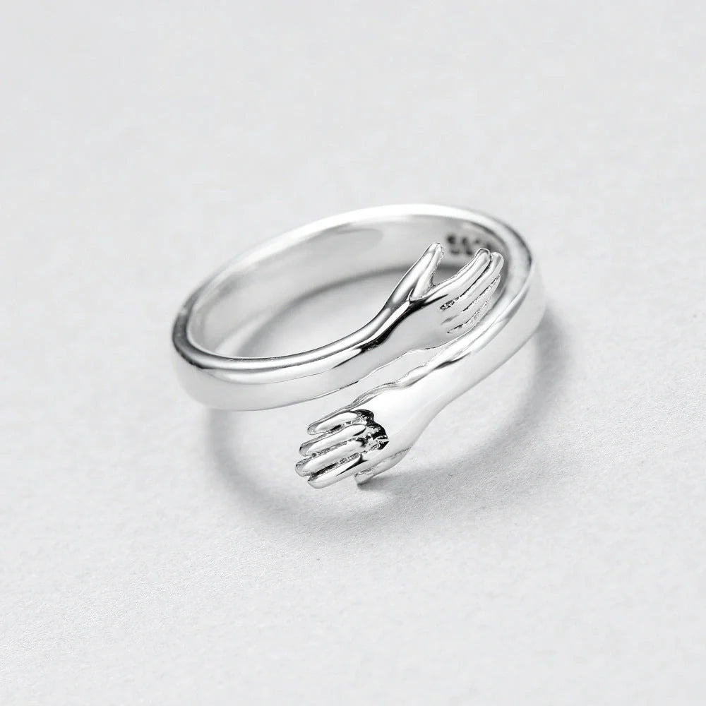 Adjustable love hug couple ring in brass and white steel, men's 18mm, women's 16mm