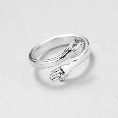 Adjustable love hug couple ring in brass and white steel, men's 18mm, women's 16mm
