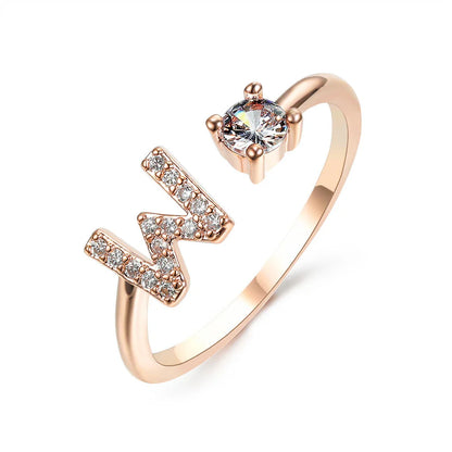 Customizable adjustable ring with 26 letters for women, featuring zircon stones and copper alloy construction