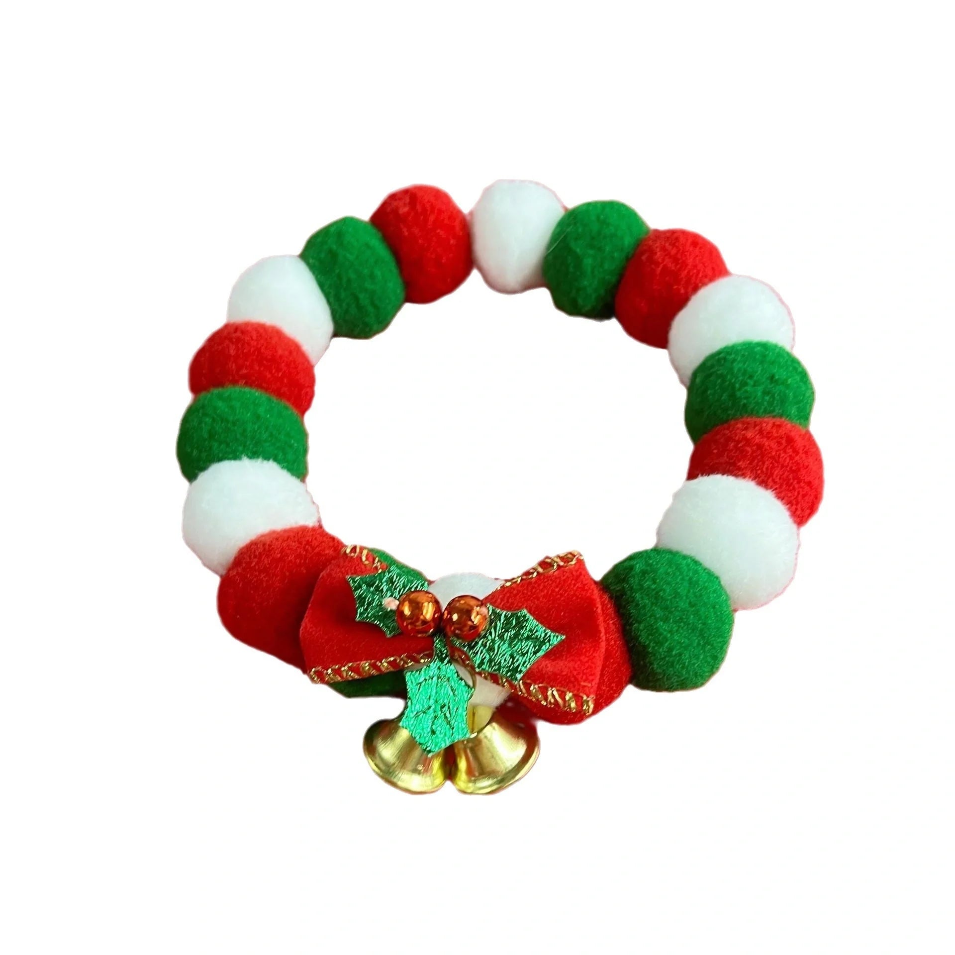 Festive plush ball pet collar with elastic fit for Christmas in green and golden leaves designs