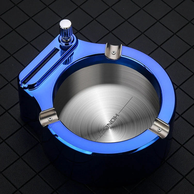 Large metal ashtray with permanent match lighter and cigarette slots