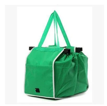 Reusable eco-friendly folding shopper bag in green colour, with generous front pocket and durable, mold-resistant construction