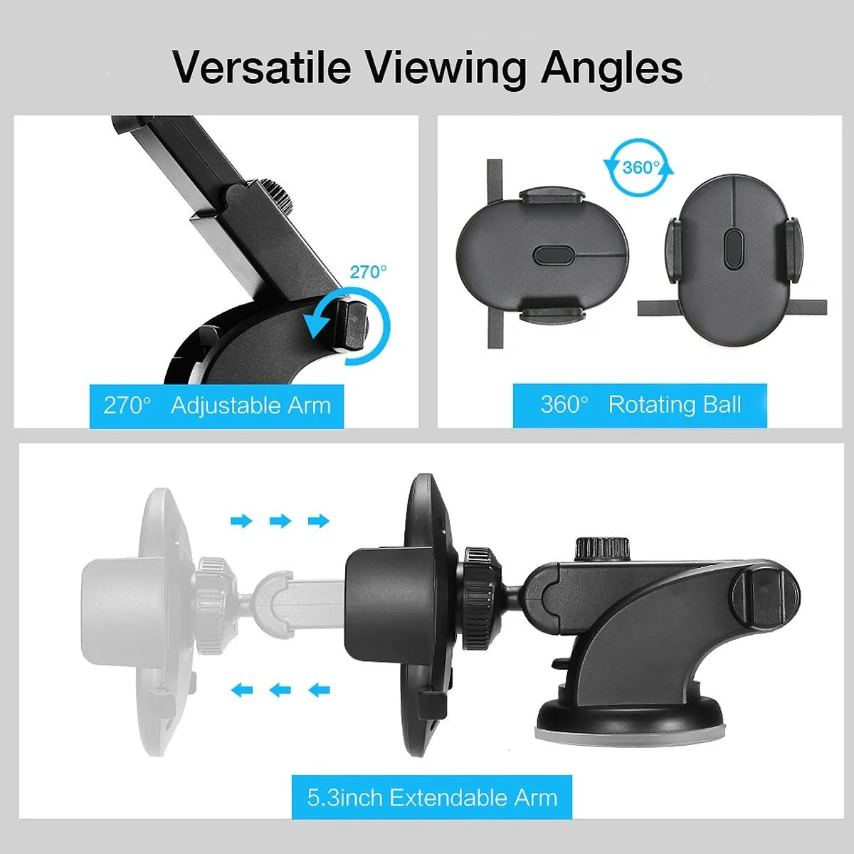 Telescopic car phone holder with suction cup and 360-degree rotation