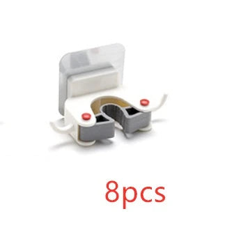 Adhesive wall-mounted mop and broom holder with double hooks for storing cleaning tools, available in multiple colors.
