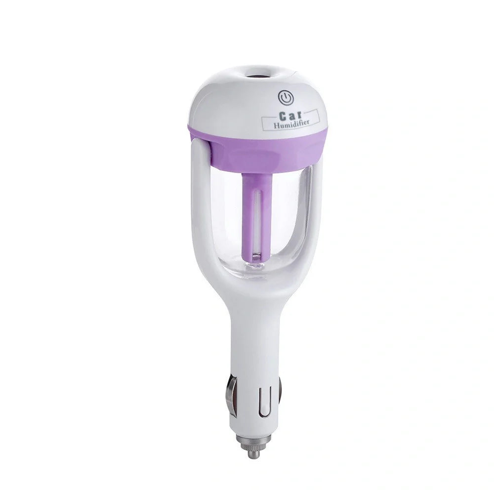 Mini 12V car steam humidifier with aroma diffuser and air purifier in blue, green, pink, and purple