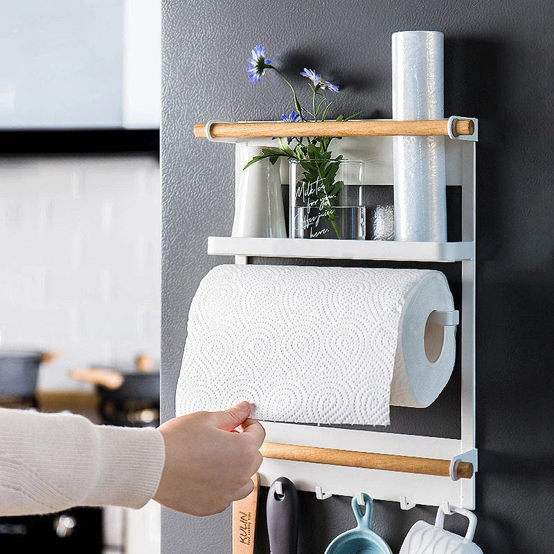Stylish magnetic refrigerator rack with six storage hooks and wooden crossbar for organising kitchen essentials