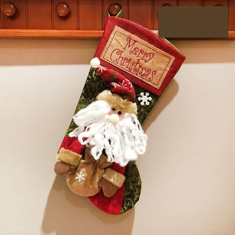 Festive Christmas stockings with 3D appliqués of snowmen, Santa Claus, and elk