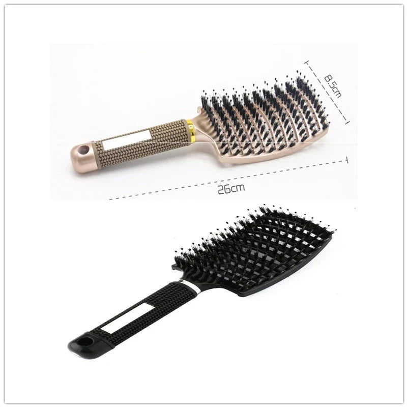 A premium hair brush with a sleek design, featuring soft bristles and a rounded massage function for healthy, detangled hair