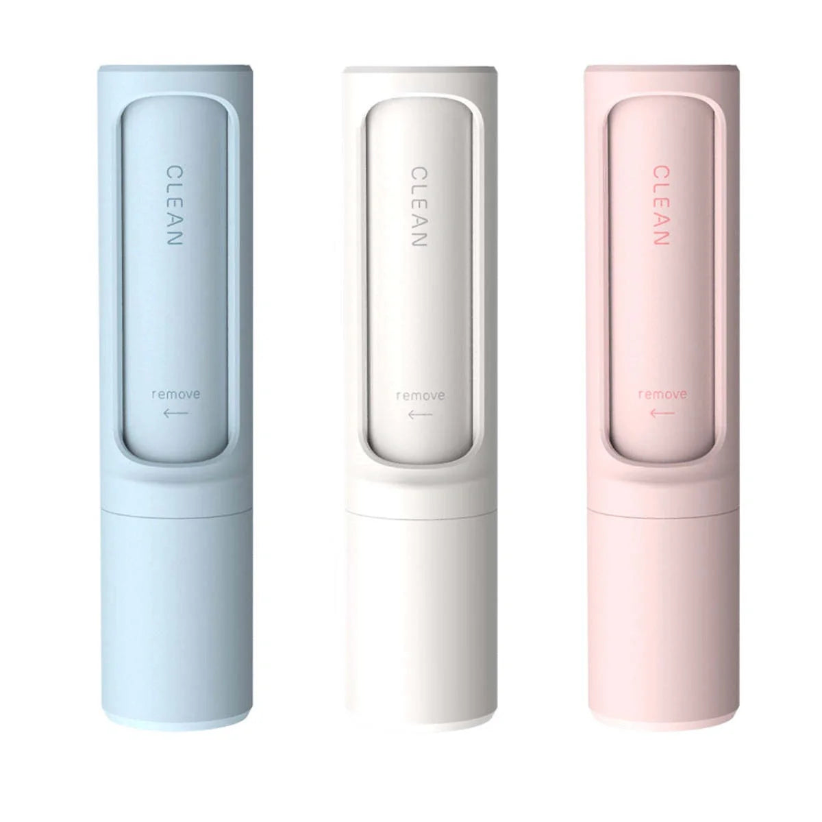 Rotating cylinder electrostatic pet hair remover brush in white, blue, green, and pink