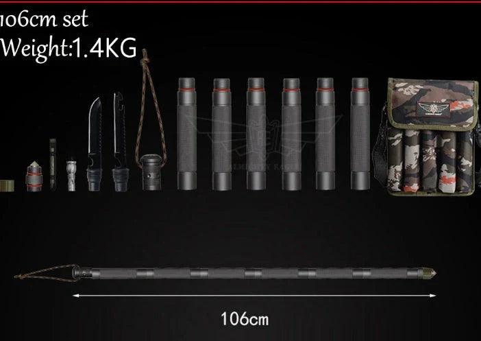 Durable tactical hiking stick with integrated survival tools, including a knife, bottle opener, and compass, for outdoor adventures and emergencies.