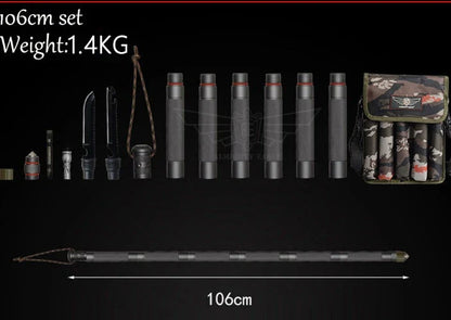 Durable tactical hiking stick with integrated survival tools, including a knife, bottle opener, and compass, for outdoor adventures and emergencies.