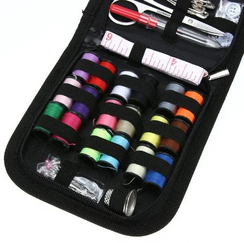 Compact home sewing kit with 98 accessories including needles, threads, scissors, and more