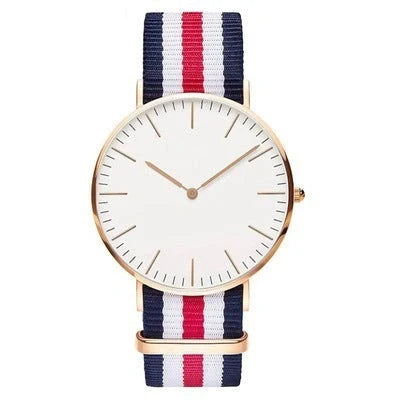 Nylon strap watch with round dial and quartz movement available in ten colours