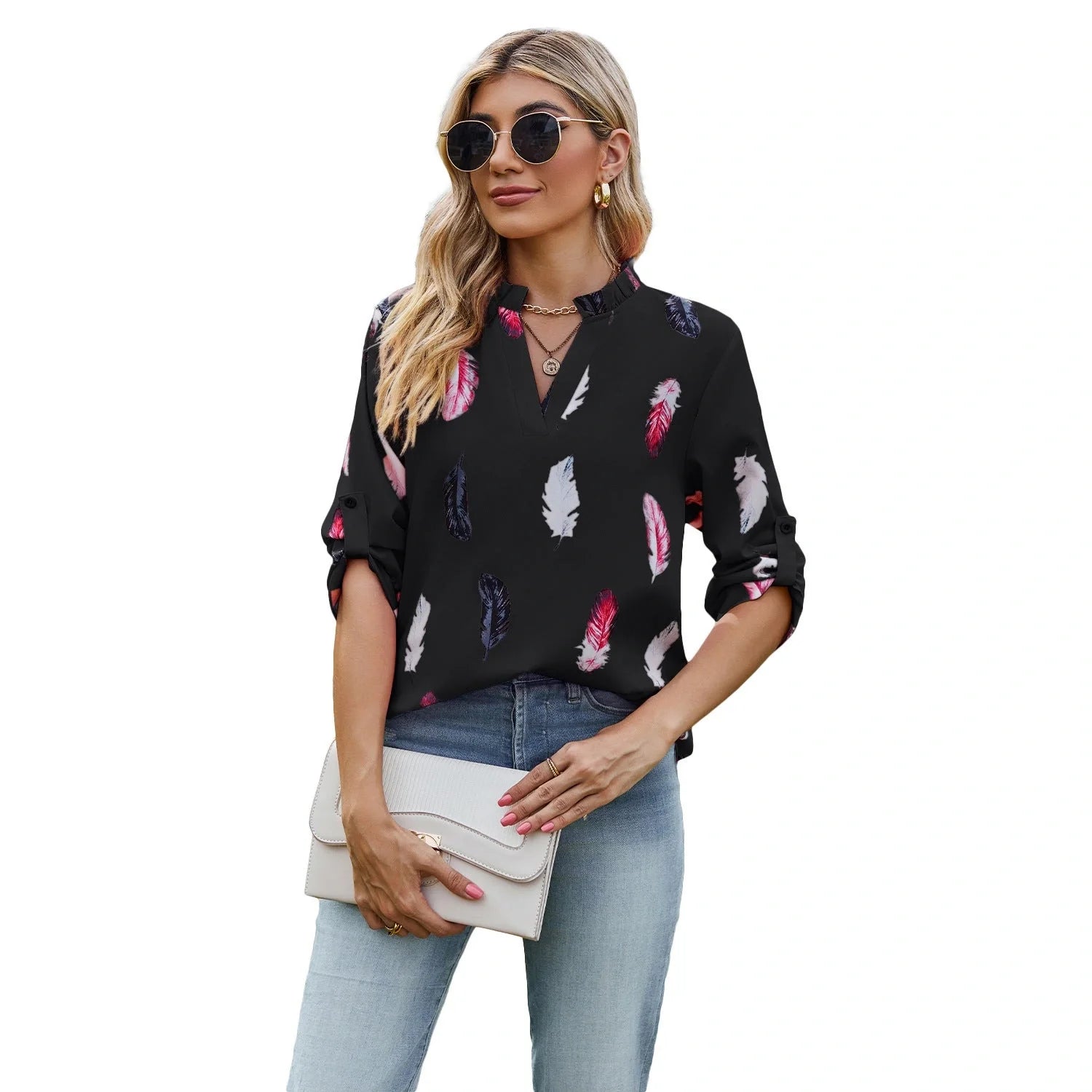 V-neck feather printed loose shirt in various colours
