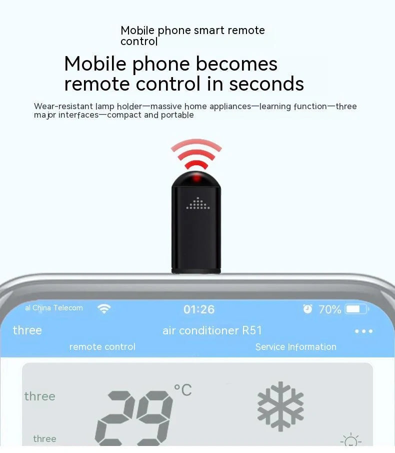 Premium aluminium infrared remote control for smartphones in black, silvery, and tarnish colours