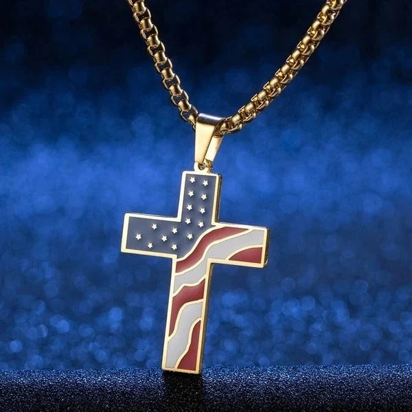 Stainless steel flag cross necklace for men, geometric design, polished finish.