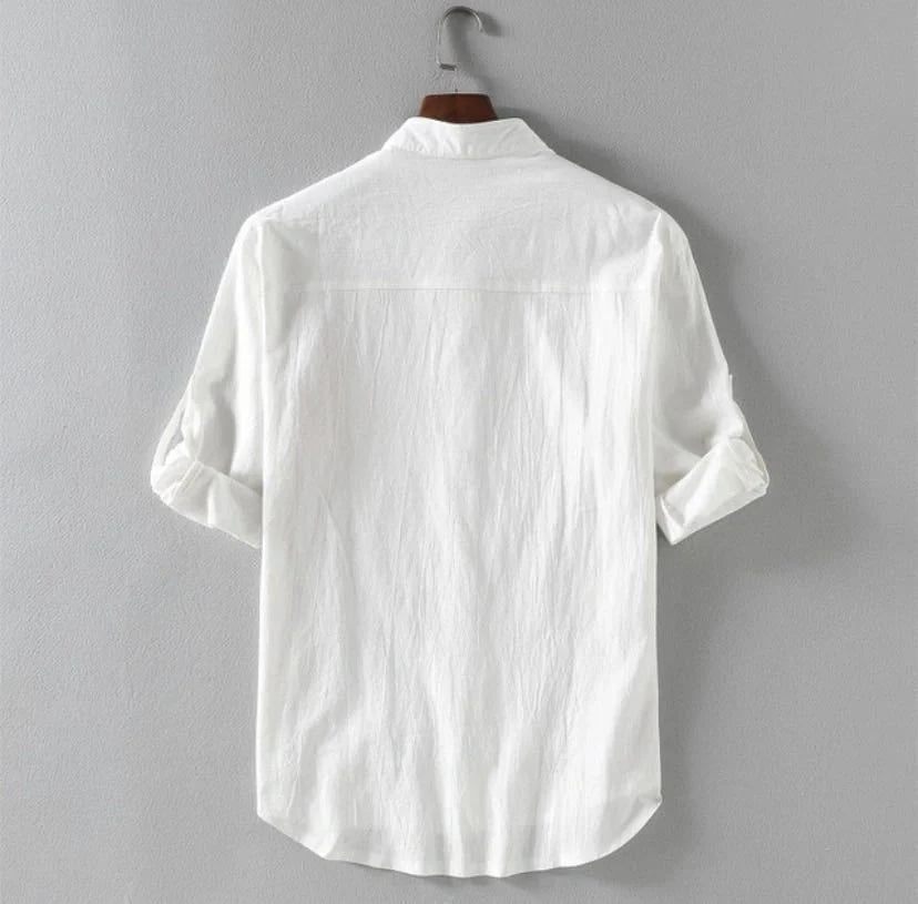 Men's linen stand collar loose shirt in cotton available in white, black, and green