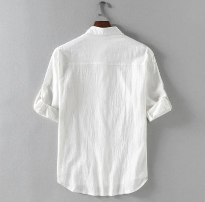 Men's linen stand collar loose shirt in cotton available in white, black, and green