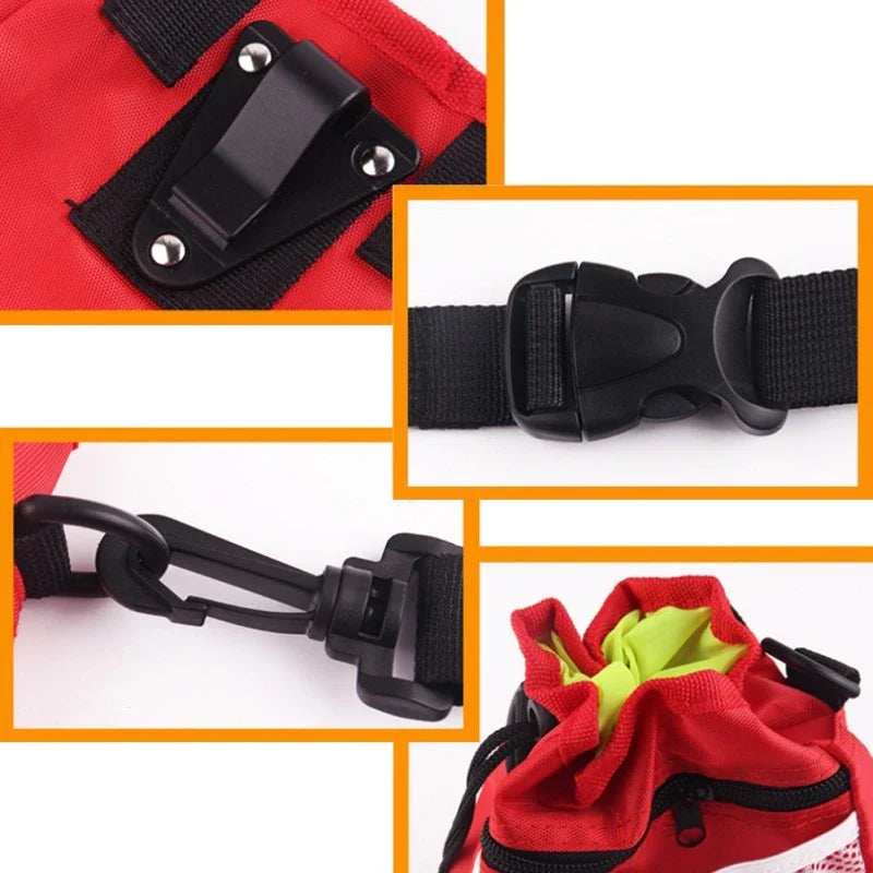 Durable dog walking pouch with drawstring pocket, adjustable belt buckle, and spacious design for carrying essentials