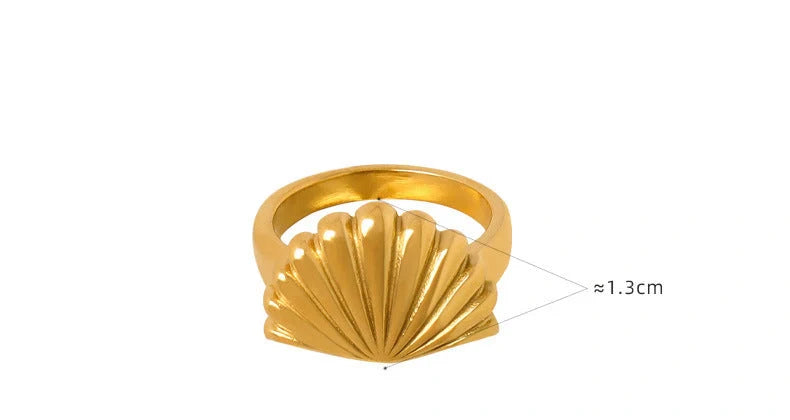 Ocean Style Scallop Ring in titanium steel and gold finishes, showcasing geometric design inspired by the sea.