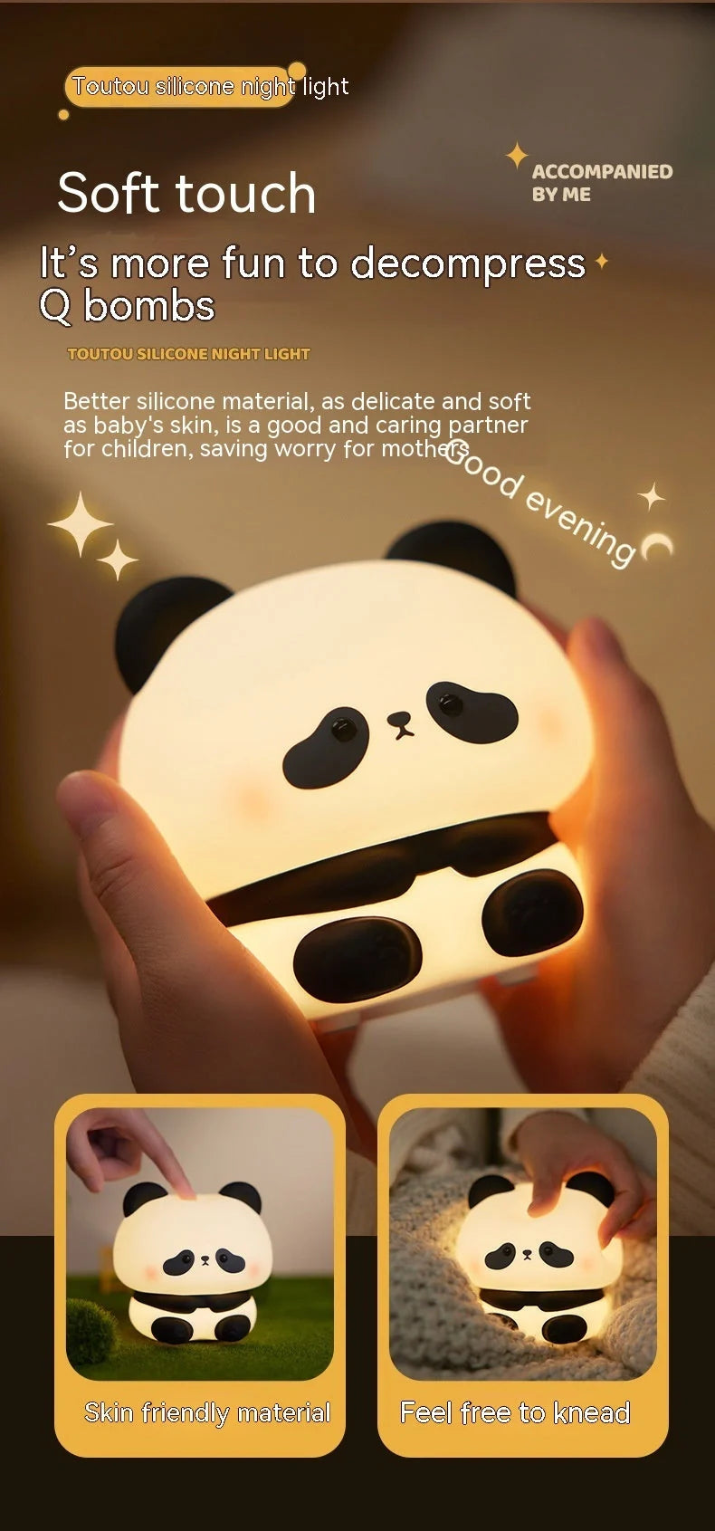 Adorable USB rechargeable panda LED night light with touch control and adjustable colours