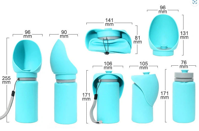 Foldable pet water bottle in blue and grey with leak-proof seal, 550ml capacity