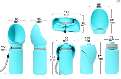Foldable pet water bottle in blue and grey with leak-proof seal, 550ml capacity
